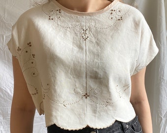 Rework Embroidered Blouse; Upcyled Linen Blouse