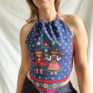 Reworked Medium Tea Towel Top; Trachten Halter Neck Top
