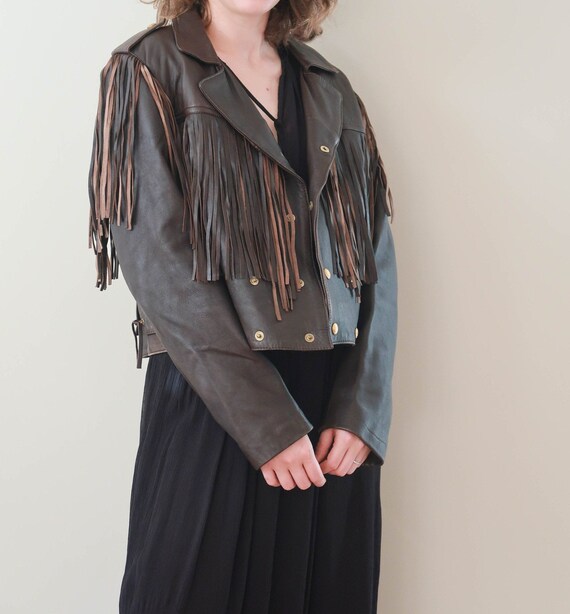 Fringed Leather Jacket; Crop Leather Jacket; Brown