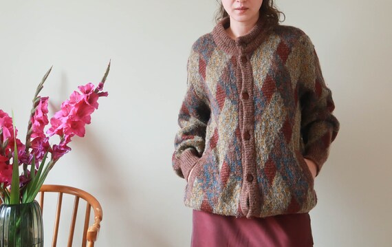 Vintage Long Knit Cardigan; Oversized Brown Cardig