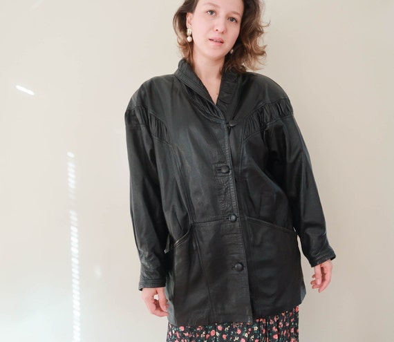 Vintage 80s Leather Coat ; Vintage Black Leather J