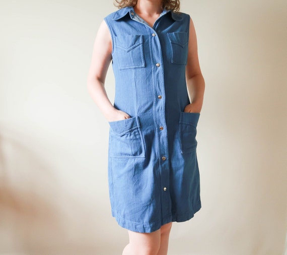 70s Cotton Dress ; Jean Dress Dog Ear Collared
