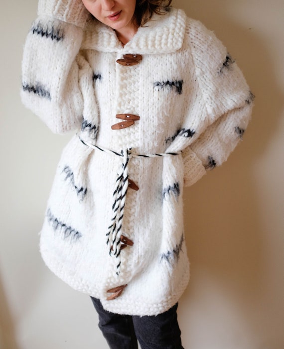 Vintage Chunky Long Knit Cardigan; Vintage Hand Kn
