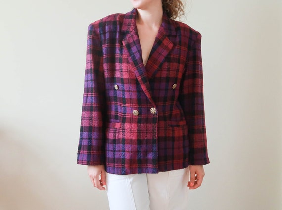 80s Tartan Jacket Purple; Vintage Fall Jacket ; 80
