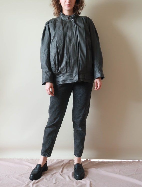Vintage Leather Jacket ; 80s Darted Jacket ; Grey
