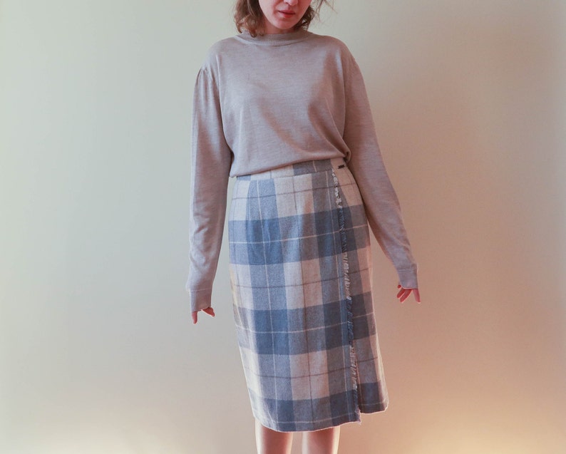 Tartan Wool Pastel Skirt 40 EU / 12 UK / 8 US Size Vintage Classy Ecru Tartan Skirt Vintage Pastel Skirt image 3