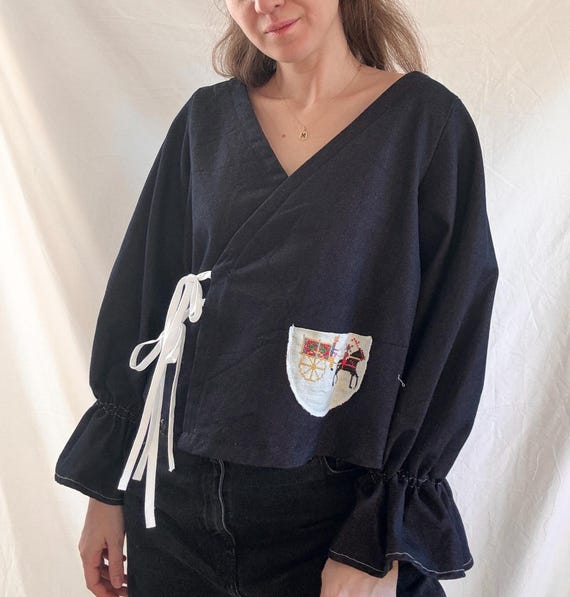 ユニークな刺繍ブラウス、リワークタイフロントブラウス - Etsy 日本