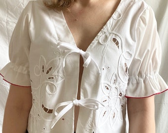 Reworked Front Tie Top; Upcycled Cropped Top; Frilled White Blouse