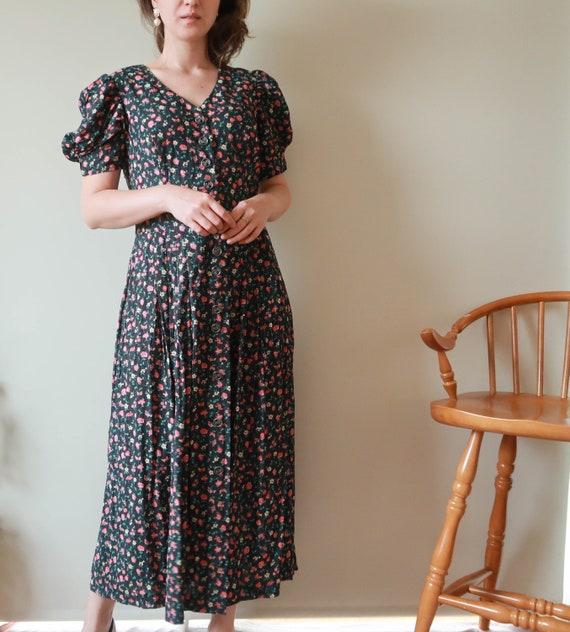 Black Midi Dress; Vintage Floral Midi Dress; Ditsy