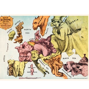 Vintage Comical Map of Europe by Paul Hadol - Giclee Print - Framed/Unframed
