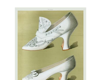 May include: Three pairs of white women's shoes with heels. The top pair has a decorative design with silver beads and embroidery. The middle pair has a bow on the toe. The bottom pair is a simple pump.