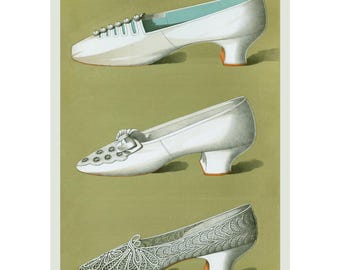 May include: Three pairs of white women's shoes with different embellishments. The top pair has a simple design with small pearl-like accents. The middle pair has a more ornate design with a bow and small circular accents. The bottom pair has a delicate lace design.