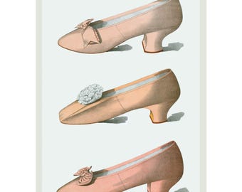 May include: Three pairs of pink satin heeled shoes with different embellishments. The top pair has a bow, the middle pair has a flower, and the bottom pair has a bow.