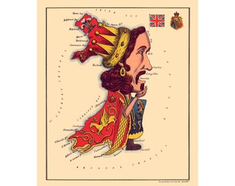 May include: A vintage illustration of Wales as a caricature of a king wearing a crown. The map of Wales is outlined in red and the king's face is the shape of the country. The illustration is surrounded by text that reads "WALES." and "Geography bewitch'd-Owen Glendower, In Bardic grandeur, looks from shore to shore, And sings King Arthur's long, long pedigree, And cheese and lecks, and knights of high degree."