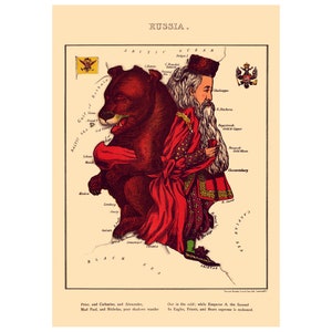 Puede incluir: Una caricatura política vintage que representa a Rusia como un hombre con una túnica roja y dorada, sosteniendo un oso. El pie de foto dice "Out in the cold; while Emperor A. the Second In Eagles, Priests, and Bears supreme is reckoned."