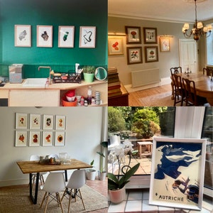 May include: A collage of four images showing different rooms in a house. The first image shows a kitchen with a green wall and a sink. The second image shows a dining room with a table and chairs. The third image shows a dining room with a table and chairs. The fourth image shows a window with a view of a garden.