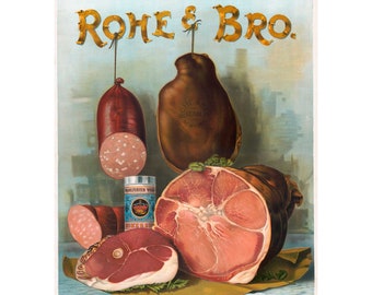 Rohe & Bro Meat Products Frankfurter Wurst Ham Sausages Kitchen Art Vintage Advertising Poster - Framed / Unframed