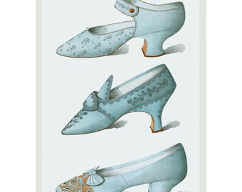 May include: Three pairs of light blue women's shoes with different embroidery designs. The shoes have a pointed toe and a high heel.