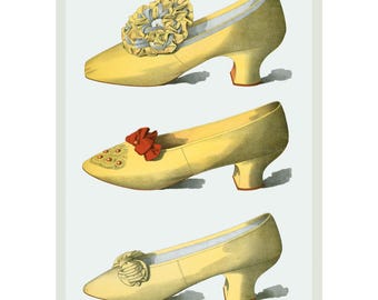 May include: Three pairs of yellow satin shoes with different embellishments. The first pair has a yellow satin flower, the second pair has a red satin bow, and the third pair has a yellow satin bow.