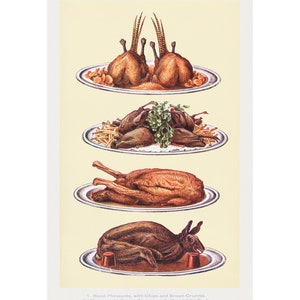 May include: A vintage illustration of four different game birds prepared for a meal. The top plate features roast pheasants with chips and brown crumbs. The second plate shows plovers with potato straws. The third plate has a roast wild duck. The bottom plate shows a roast hare with red currant jelly.