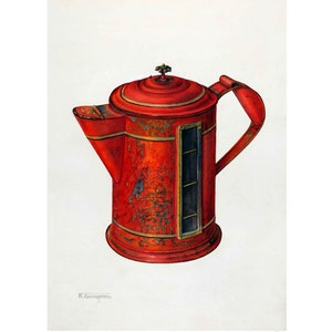 Könnte beinhalten: Eine rote Kaffeekanne aus Metall mit einem schwarzen und goldenen Design. Die Kanne hat einen Griff und einen Deckel mit einem kleinen Knopf oben.