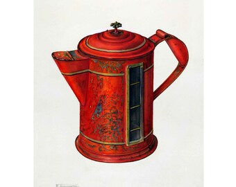May include: A red metal coffee pot with a black and gold design. The pot has a handle and a lid with a small knob on top.