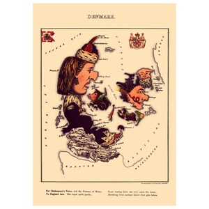 Puede incluir: Una ilustración vintage de Dinamarca, representada como un mapa con caras de dibujos animados que representan diferentes regiones. El mapa está rodeado de texto, incluido el título "DENMARK." y una cita de Hamlet de Shakespeare.