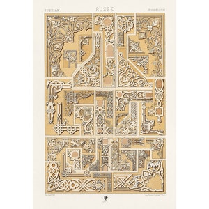 Peut inclure: Une illustration vintage de détails architecturaux russes. L'image présente une variété de motifs complexes, notamment des motifs floraux, des motifs géométriques et des éléments entrelacés. L'illustration est intitulée "Russian", "Russe" et "Russisch".