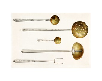 May include: Five antique silver kitchen utensils with brass bowls. The utensils include a ladle, a slotted spoon, a small ladle, a large ladle, and a fork.