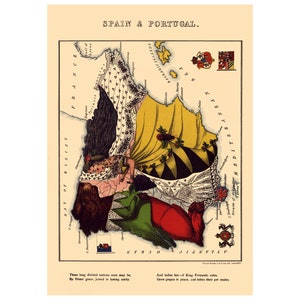 Puede incluir: Una ilustración vintage que representa a España y Portugal como mujeres, con las fronteras de los países delineadas en sus colores respectivos. Las mujeres visten vestidos elaborados, y la ilustración incluye un texto que dice "Estas naciones divididas durante mucho tiempo pronto pueden ser, Por la gracia del Príncipe, unidas en una amistad duradera. Y las damas justas, si el rey Fernando gobierna, Cultivan uvas en paz, y engordan a sus mascotas masculinas."
