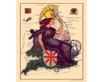 May include: A vintage illustration of a woman wearing a crown and holding a spear, sitting on a map of England. The map is surrounded by the text "EN GLAND." and "Beautiful England-on her Island throne, Grandly she rules,with half the world her own; From her vast empire the sun ne'er departs She reigns a Queen Victoria, Queen of Hearts."