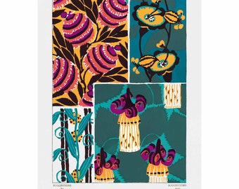 May include: A vintage design sheet with four different floral patterns. The patterns feature stylized flowers in shades of pink, yellow, orange, and green. The sheet is titled "Suggestions for Stuffs and Carpets" and "Suggestions pour Etoffes et Tapis".