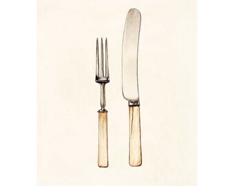 May include: Illustration of a fork and knife set. The fork has three tines and a silver handle. The knife has a curved blade and a matching handle. Both handles are light brown. The background is a light beige color.
