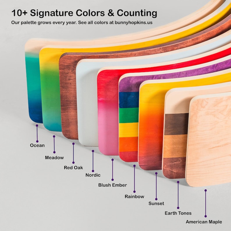 Lineup of 10+ Bunny Hopkins wobble board colors – signature palette grows every year.