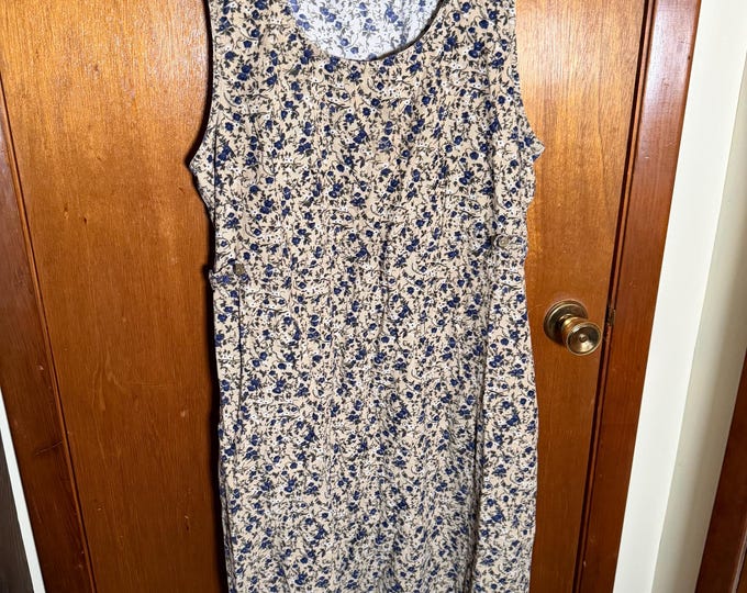 Vintage Blue Floral And Beige Corduroy Dress, Womens Sleeveless Summer Wear