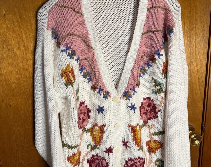 Vintage Granny Core Knit ‘Needles & Yarn’ Women’s Button Up Sweater, Size Medium Floral