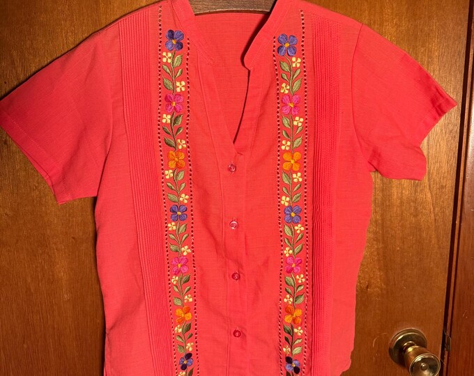 Vintage Size 32 No Tag Salmon Pink Floral Button Up Shirt, Womens