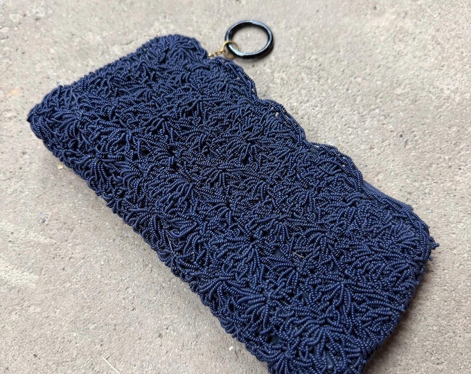 Vintage Blue Beaded Zip Coin Purse