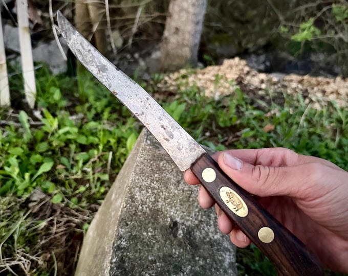 Vintage Hog Pig Butcher Knife, Brass Inlay Pins, Rosewood Handle