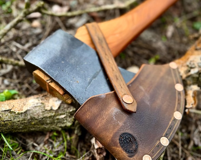 Vintage Huge Axe, Handmade Cherry Handle, Handmade Leather Sheath with Copper Accents