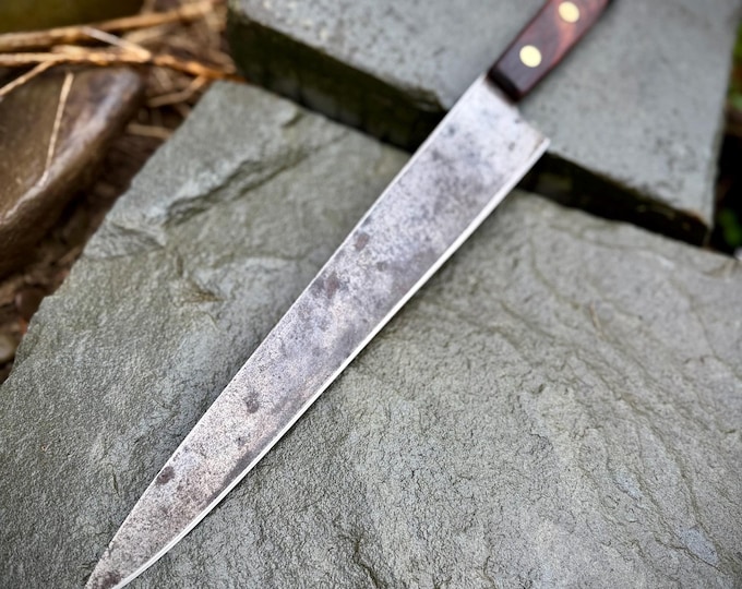 Vintage Restored Chef’s Knife, Wooden Handle, Carbon Steel Blade