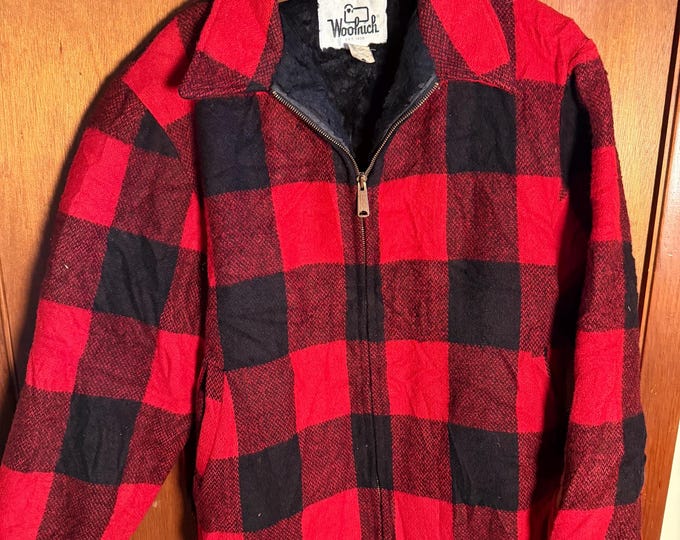 Vintage Woolrich Red Plaid Wool Zip Up, Faux Fur Lined Hunting/Outdoor Jacket 1960s-80s