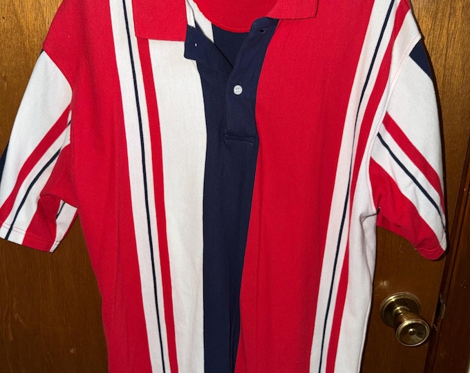 Vintage Steeplechase Polo Shirt: Red, White, Blue Stripes, Men's Medium