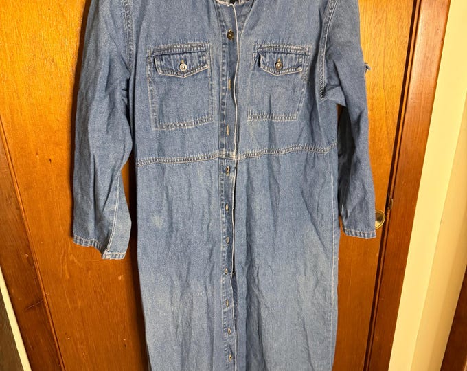 Vintage Women’s Denim Dress, Size Large-XL, Long Sleeve Button Up