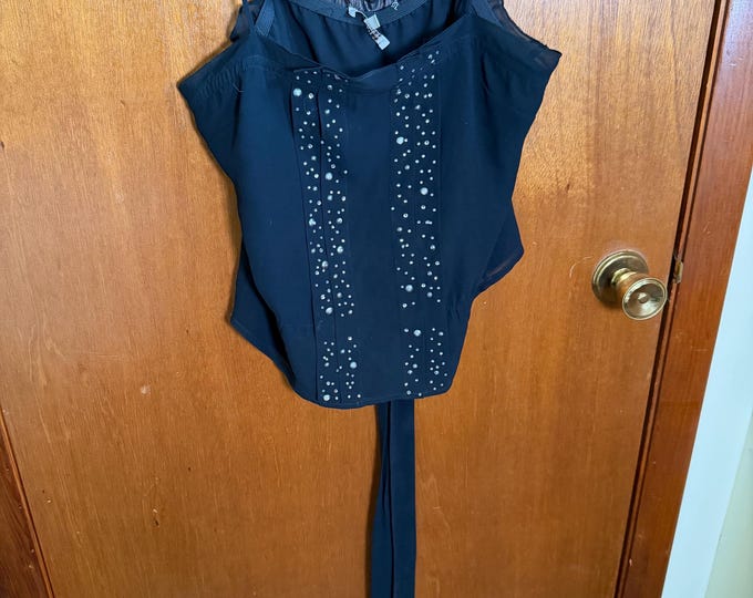 Vintage Lynn/Linh Black Beaded Top, Fancy Sleeveless Party Shirt