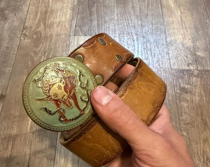 Vintage Handmade Leather Belt, Hand Stamped and Tooled, with Brass Indian Bull Buckle