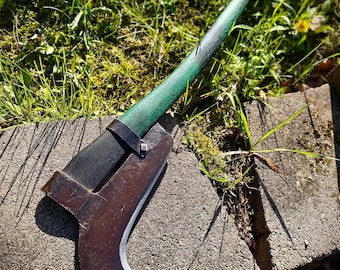 Vintage Brush Hook Axe, Green, Scorched Handle, 1800s Hand Forged Tool