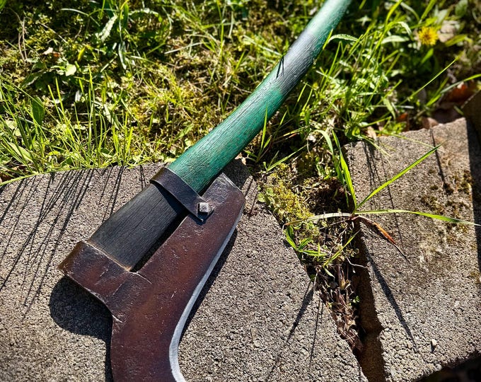 Vintage Brush Hook Axe, Green, Scorched Handle, 1800s Hand Forged Tool