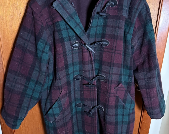 Vintage 1970s Wool LL Bean Plaid Flannel Winter Coat, Size Large/XL Women’s