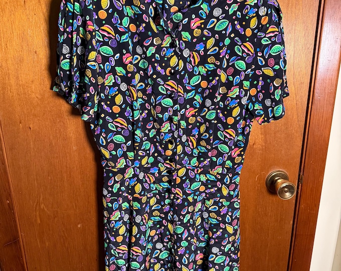Vintage Liz Claiborne Black Leaves Print Dress, Size 12 Petite